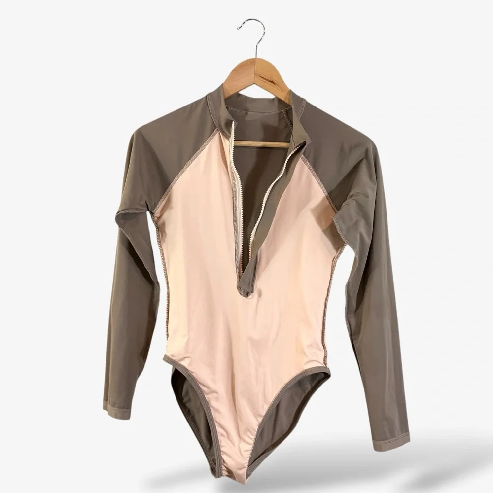 Madewell Second Wave Rash Guard One Piece Swimsuit Size S Tan (Castle Rock) - Picture 10 of 12